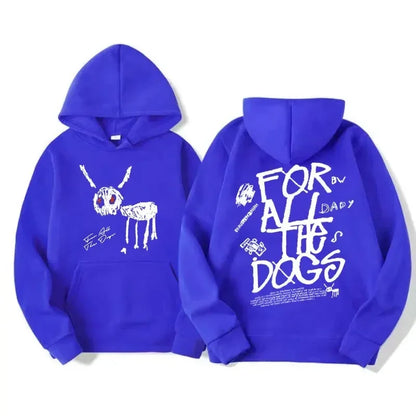 Back side of vibrant royal blue cotton hoodie with white skeletal rabbit graphic and for all the dogs text print
