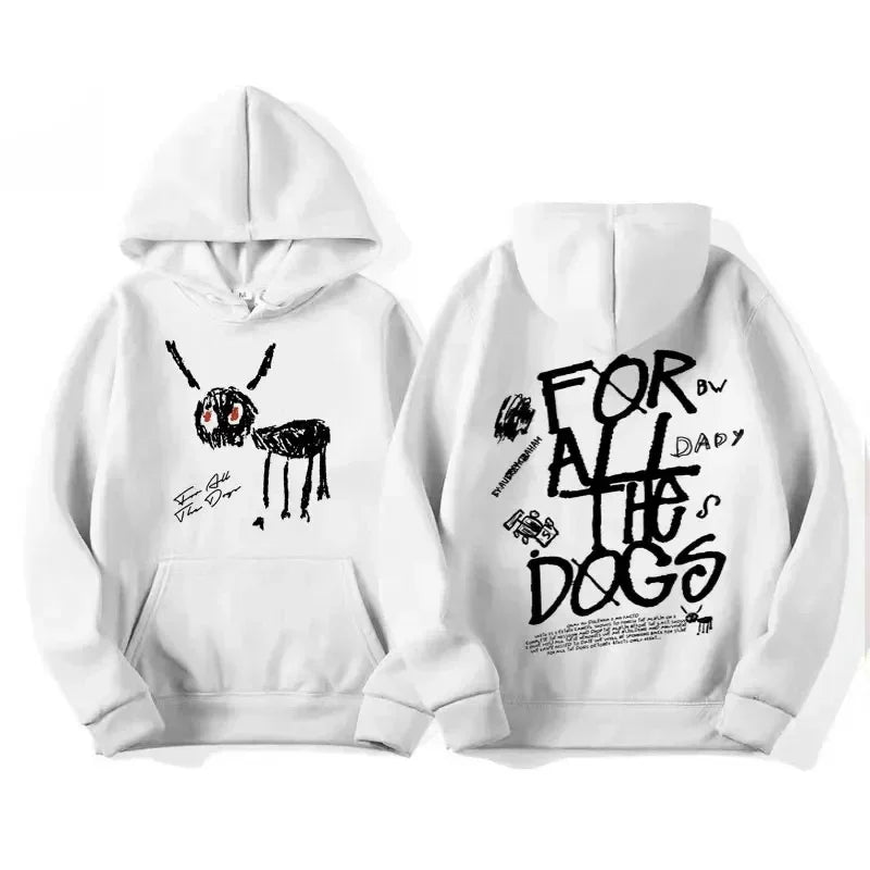 White hoodie featuring a black doodle-style ant front and for all the dogs text with illustrations on the back side