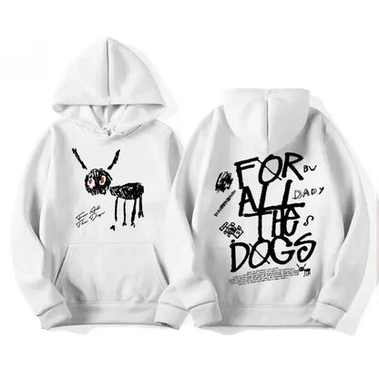 White hoodie featuring a black doodle-style ant front and for all the dogs text with illustrations on the back side