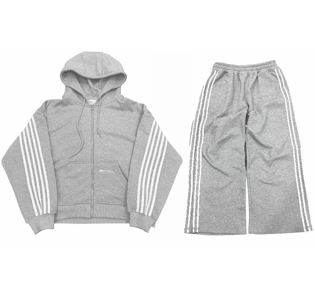 Gray heathered sweatshirt hoodie set y2k clothes with white three-stripe detailing and hip hop letters embroidery