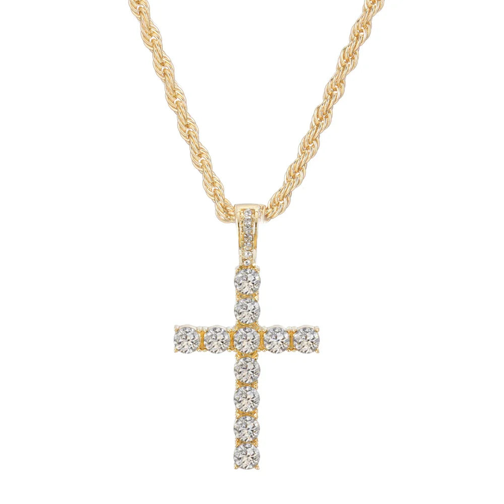 Gold cross shiny pendant necklace with 4mm zircon tennis chain for women hip hop iced out fashion gift