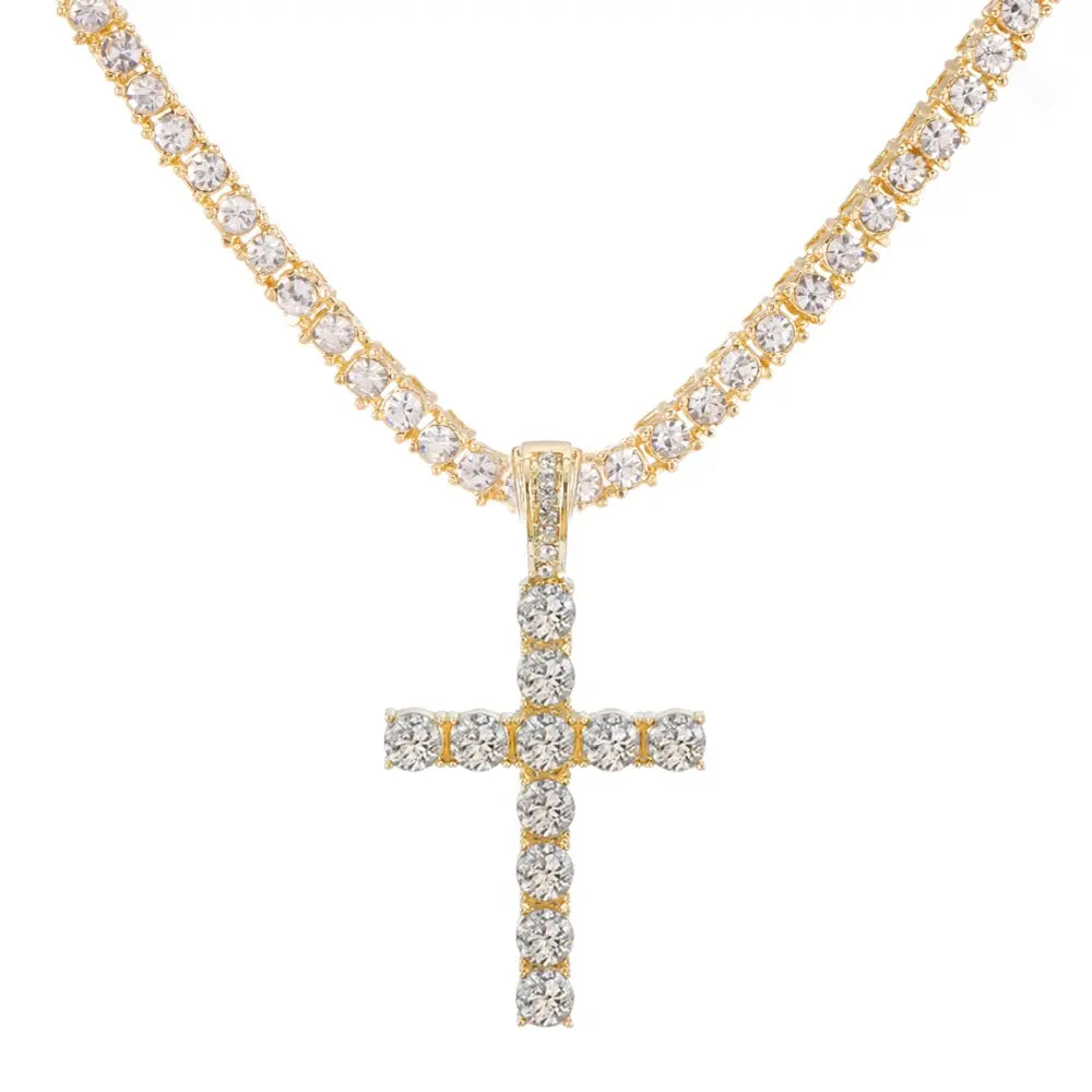 Gold-tone cross shiny pendant necklace with 4mm zircon tennis chain adorned with clear round-cut stones for women hip hop