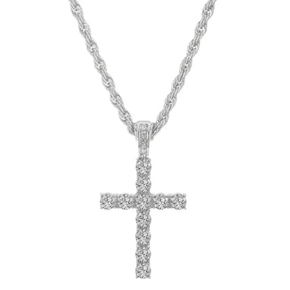 A sparkling silver cross shiny pendant with clear diamonds on a 4mm zircon tennis chain for women hip hop style