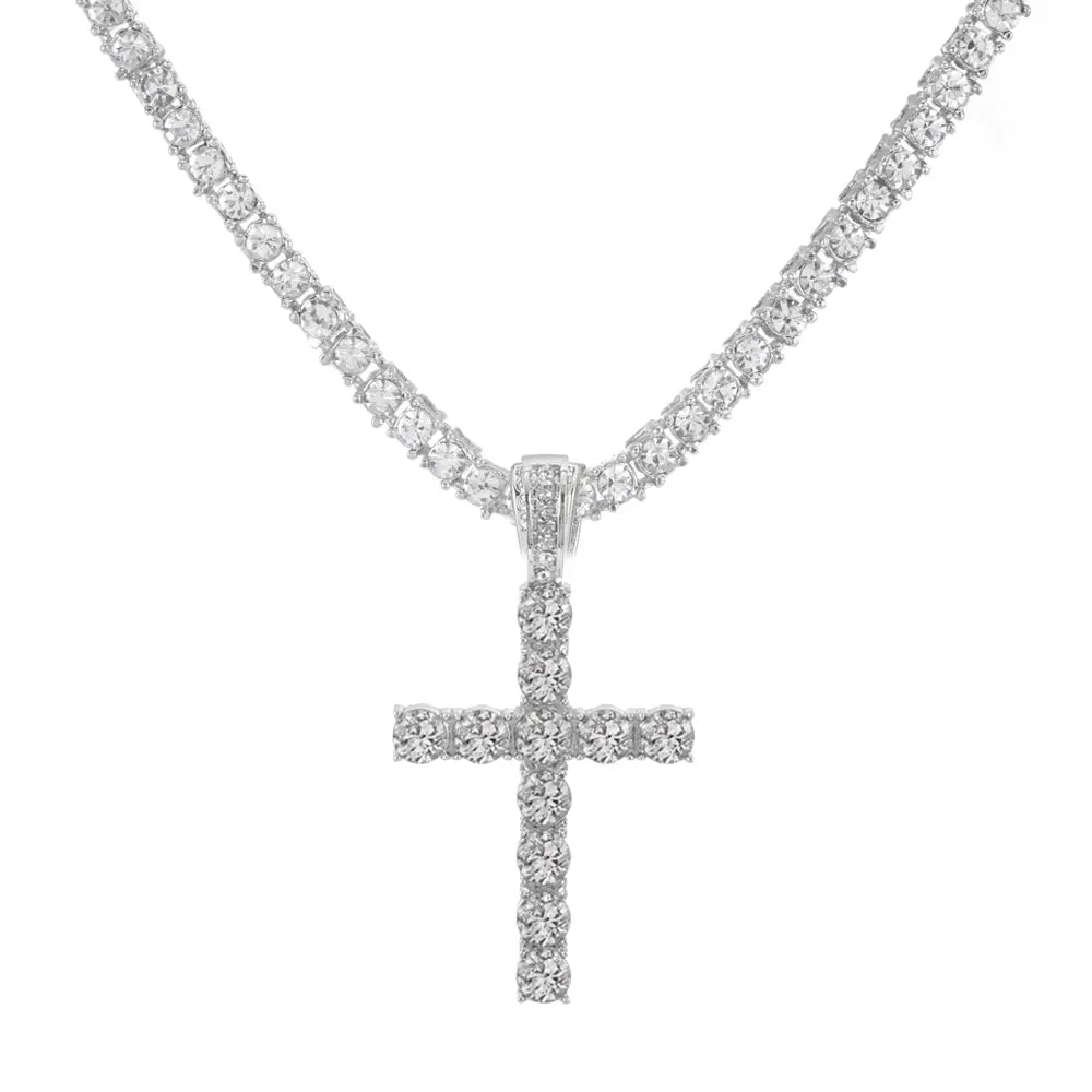 A sparkling silver cross shiny pendant with pave diamonds and a 4mm zircon tennis chain for women hip hop fashion