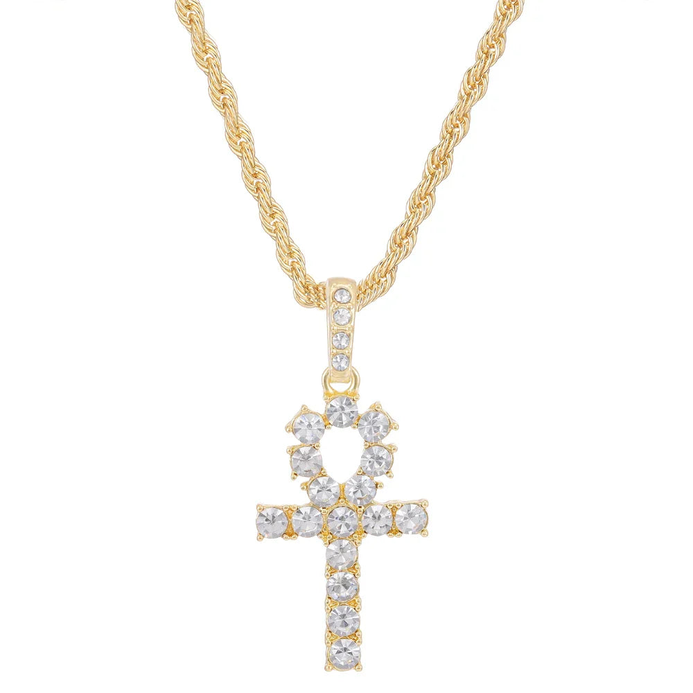 Gold-toned ankh cross shiny pendant with clear crystals on a 4mm zircon tennis chain for women hip hop fashion