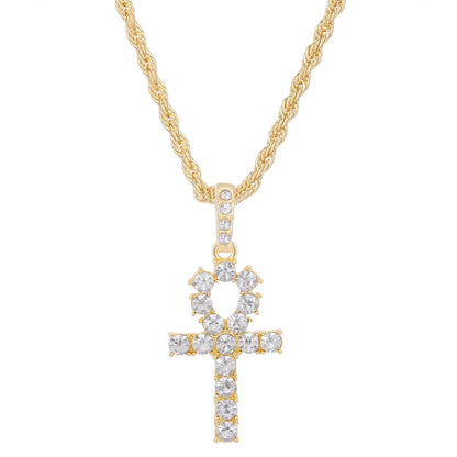 Gold-toned ankh cross shiny pendant with clear crystals on a 4mm zircon tennis chain for women hip hop fashion