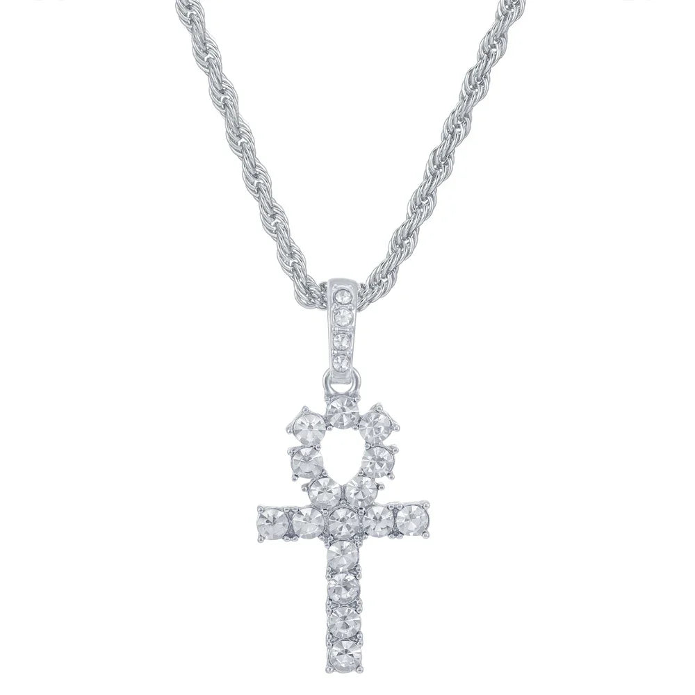 Silver ankh cross shiny pendant necklace with clear cubic zirconia on 4mm zircon tennis rope chain for women hip hop