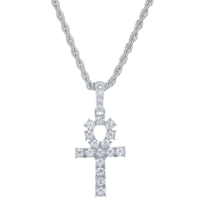 Silver ankh cross shiny pendant necklace with clear cubic zirconia on 4mm zircon tennis rope chain for women hip hop