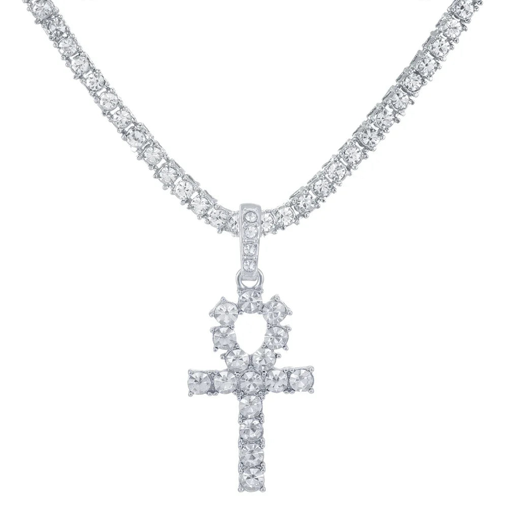 Silver cross shiny pendant with clear crystals on a 4mm zircon tennis chain for women hip hop fashion gift