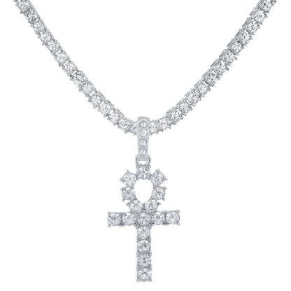 Silver cross shiny pendant with clear crystals on a 4mm zircon tennis chain for women hip hop fashion gift