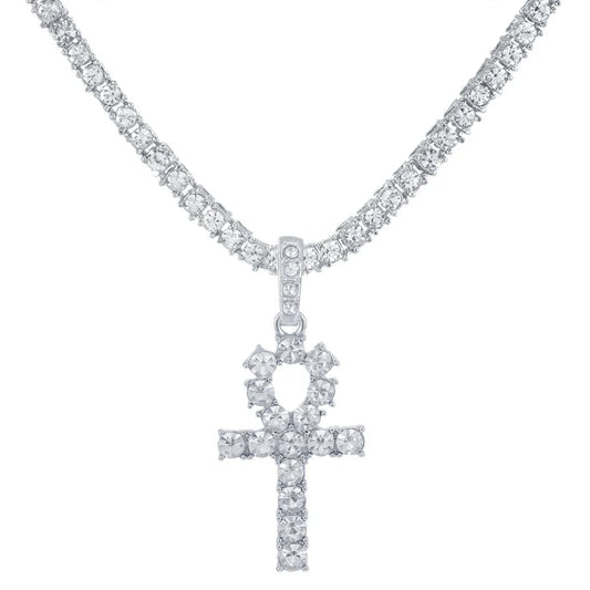 Silver cross shiny pendant with clear crystals on a 4mm zircon tennis chain for women hip hop fashion gift