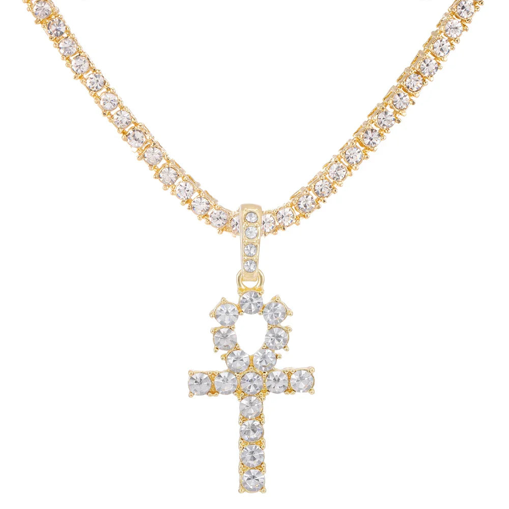 Gold-toned men women hip hop cross shiny pendant with 4mm zircon tennis chain and sparkling cubic zirconia stones