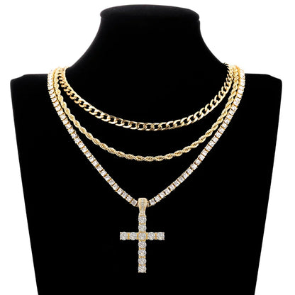 Gold-toned layered necklace set with a thick curb chain, twisted rope chain, and cross shiny pendant with 4mm zircon tennis