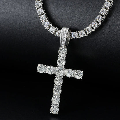 A men women hip hop cross shiny pendant necklace with clear crystals on a silver 4mm zircon tennis chain