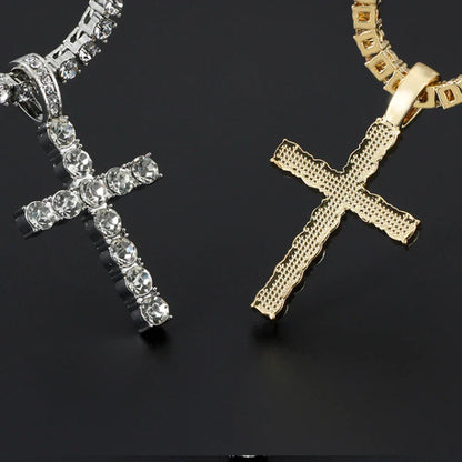 Two cross shiny pendants in silver with rhinestones and gold textured with 4mm zircon tennis chains for women hip hop