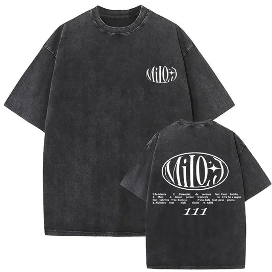Black oversized y2k washed vintage cotton t-shirt with faded distressed texture and white milo oval graphic print front and back