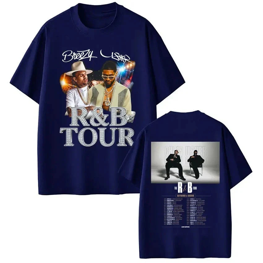 Navy blue cotton t-shirt featuring digital printing process of artists Chris Brown Usher and r&b tour text in silver lettering