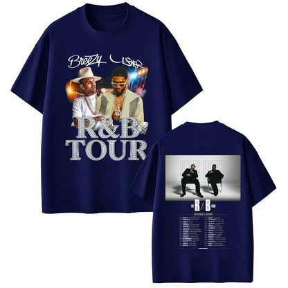 Navy blue cotton t-shirt featuring digital printing process of artists Chris Brown Usher and r&b tour text in silver lettering