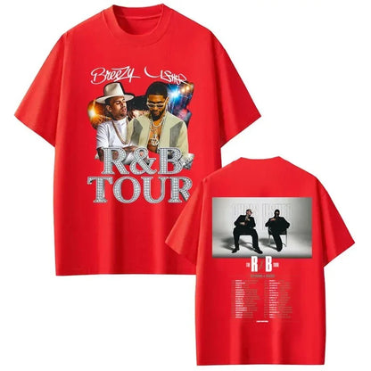 Red cotton t-shirt featuring digital printing process graphic of Chris Brown and Usher with r and b tour text