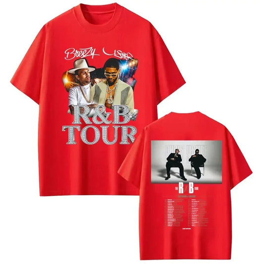 Red cotton t-shirt featuring digital printing process graphic of Chris Brown and Usher with r and b tour text