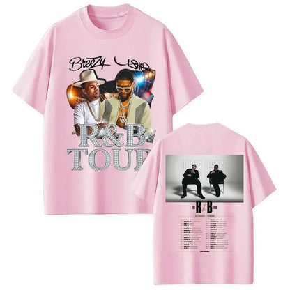 Pink short-sleeved cotton t-shirt with digital printing process featuring usher and r&b tour graphics for casual wear