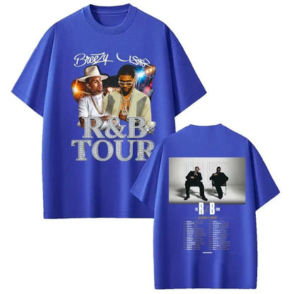 Royal blue cotton r&b tour t shirt featuring digital printing process of artists Breezy and Usher for hip hop fashion