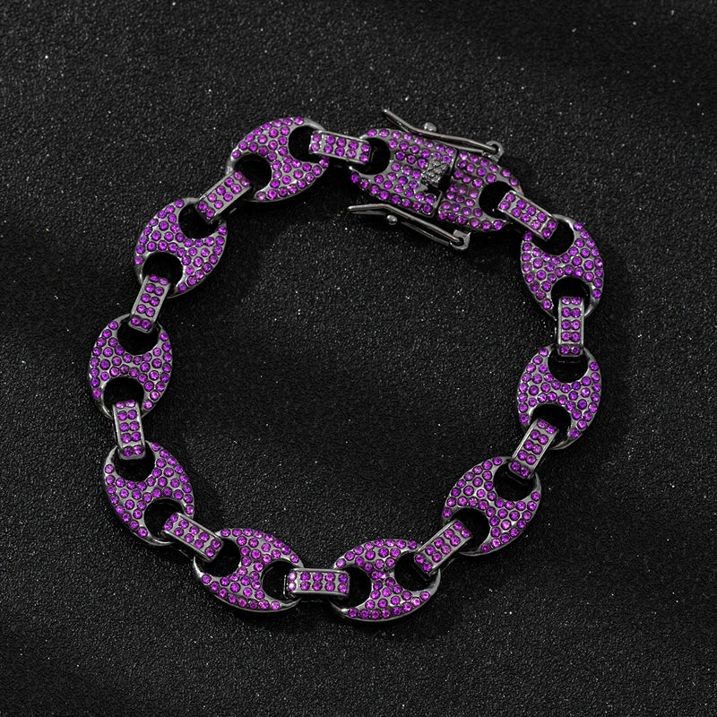 Purple gemstone-encrusted women hiphop 12mm coffee bean link bracelet with dark metallic clasp for fashion jewelry gift