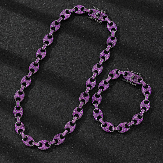 Purple glittery coffee bean link necklace and bracelet with silver clasps featuring women hiphop 12mm purple cuban chain design