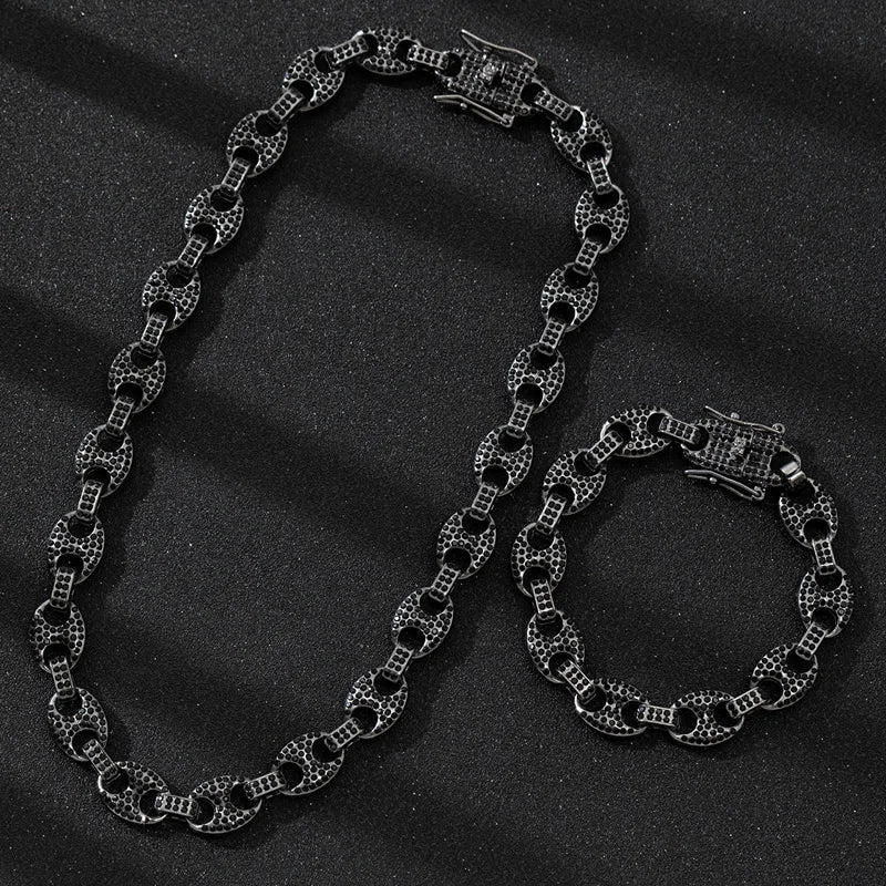 Black coffee bean link chain necklace and bracelet set with purple cuban chain design for women hiphop 12mm fashion jewelry