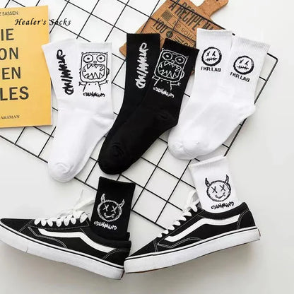 Black and white cotton women socks with embroidered devil grimace harajuku and graffiti fashion long designs
