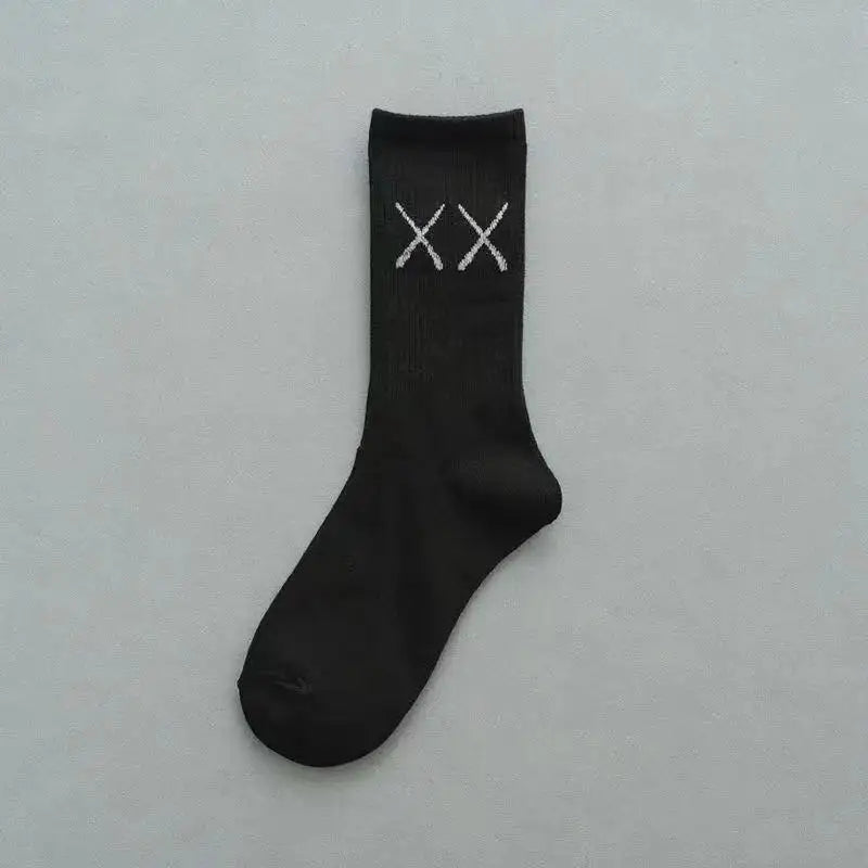 Black crew sock with white embroidered xx logo made of women socks cotton featuring devil grimace harajuku graffiti fashion long design