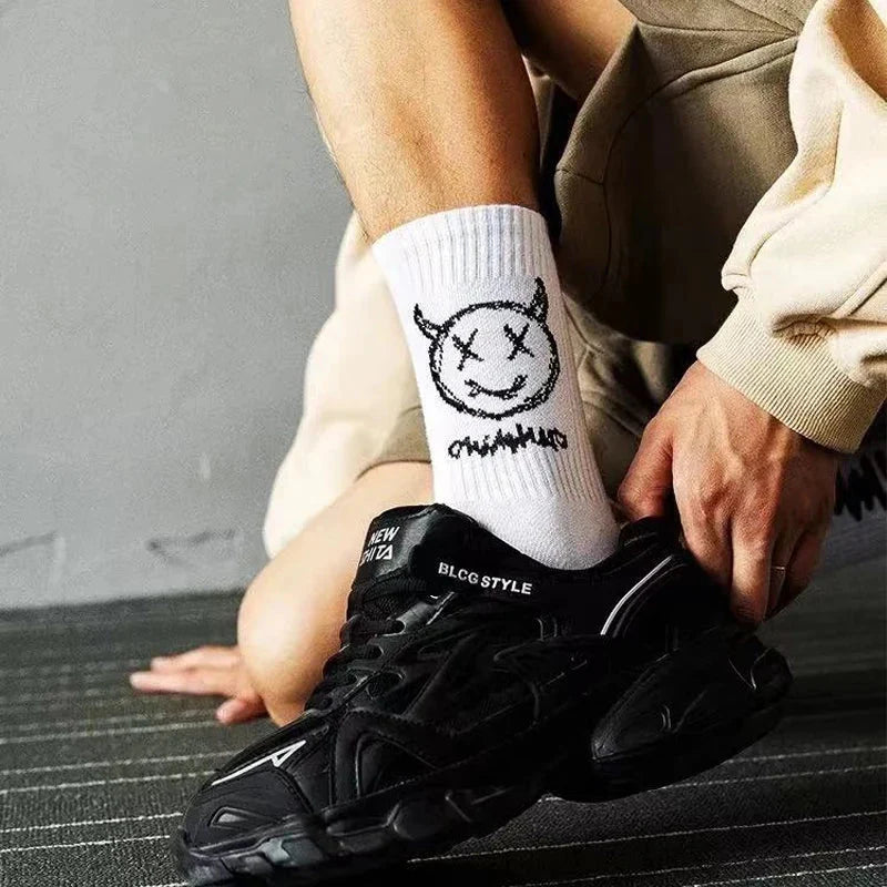 White crew women socks cotton featuring black devil grimace harajuku doodle in graffiti fashion long style