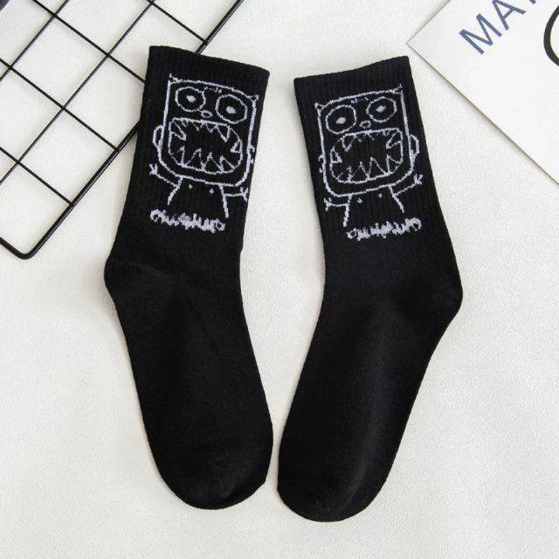 Black women socks cotton featuring a white embroidered devil grimace harajuku cartoon monster in graffiti fashion long style
