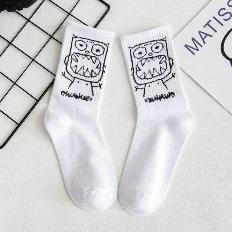 White crew women socks cotton featuring a black devil grimace harajuku cartoon in graffiti fashion long style