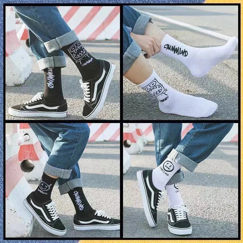Black and white cotton women socks featuring calvin klein branding with devil grimace harajuku graffiti fashion long design