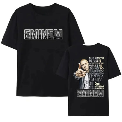 Black short-sleeved t-shirt featuring a graphic print of eminem on the front with text and his name in distressed white lettering.