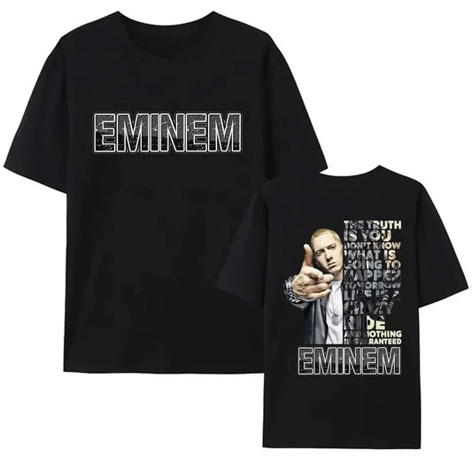 Black short-sleeved t-shirt featuring a graphic print of eminem on the front with text and his name in distressed white lettering.