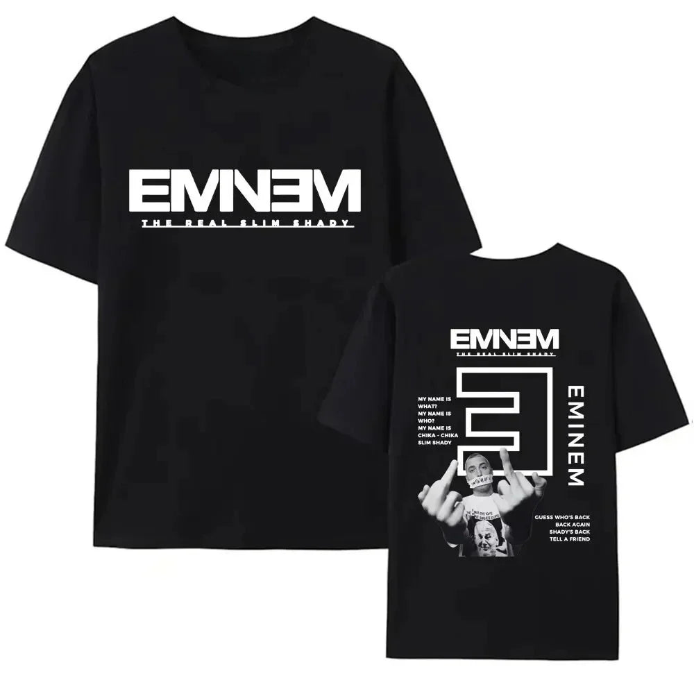 Black short-sleeved cotton t-shirt with eminem album art featuring digital printing process for hip hop fans gift