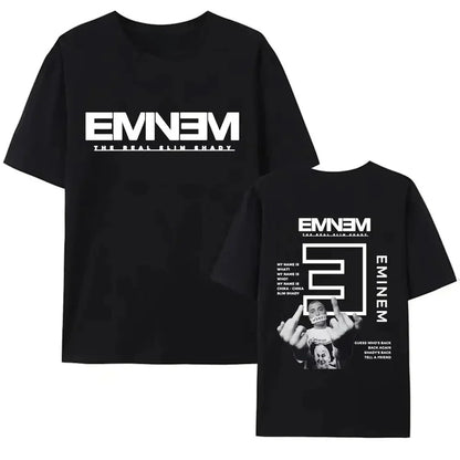 Black short-sleeved cotton t-shirt with eminem album art featuring digital printing process for hip hop fans gift