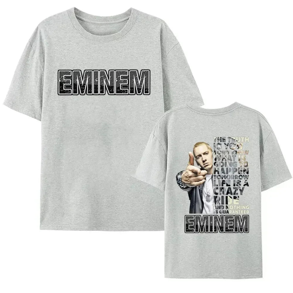 Gray eminem t-shirt with distressed black logo front and graphic back printed using digital printing process on cotton