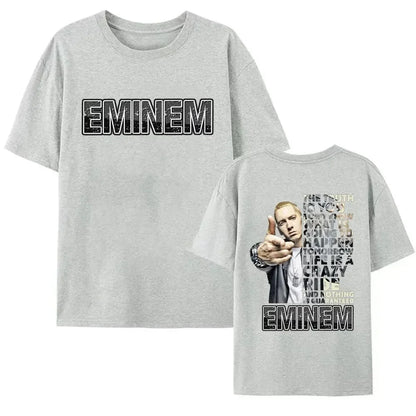 Gray eminem t-shirt with distressed black logo front and graphic back printed using digital printing process on cotton