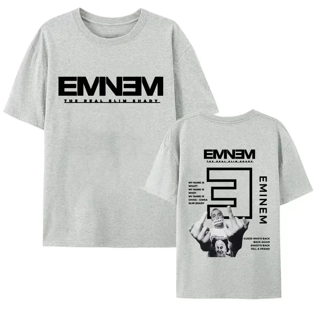 Heather gray cotton short sleeve t-shirt with black Eminem album artwork printed using digital printing process
