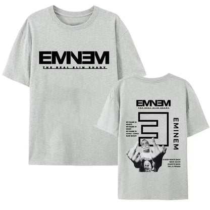 Heather gray cotton short sleeve t-shirt with black Eminem album artwork printed using digital printing process