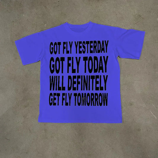 Men Y2K vibrant purple cotton short-sleeved t-shirt with bold black hiphop letter print for streetwear style