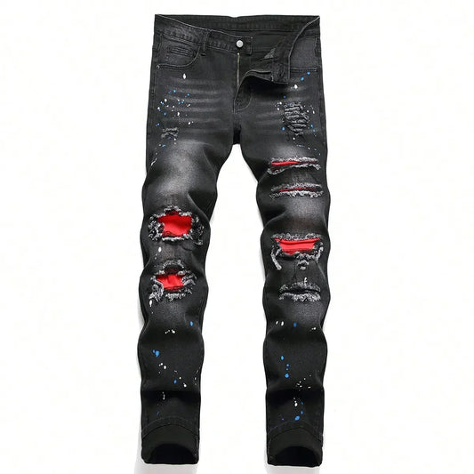 Men y2k stretchy black distressed jeans with red lining and blue paint splatters featuring pants ripped patchwork slim fit