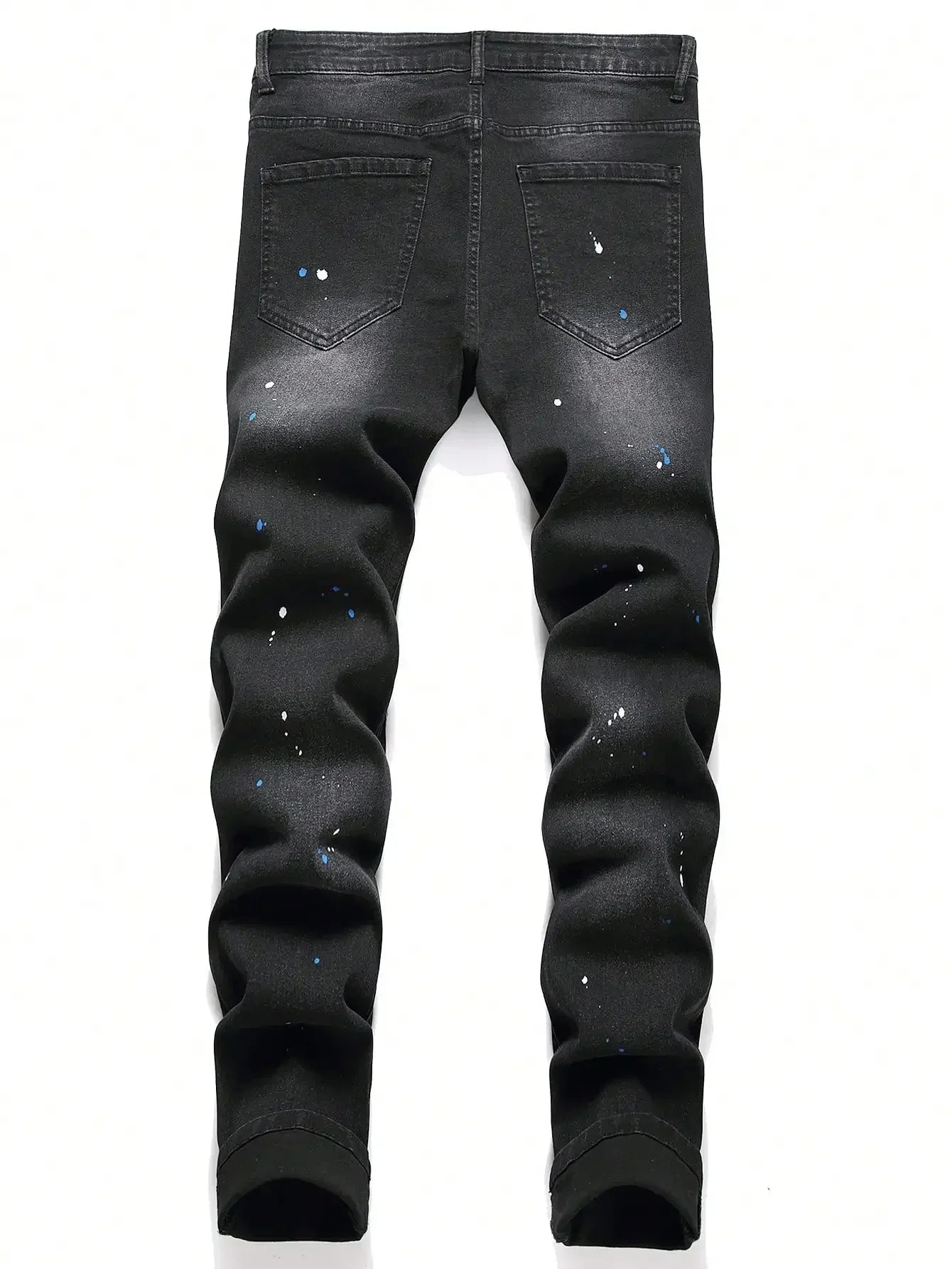 Men y2k stretchy black denim jeans with slim fit pants ripped patchwork and blue paint splatter accents