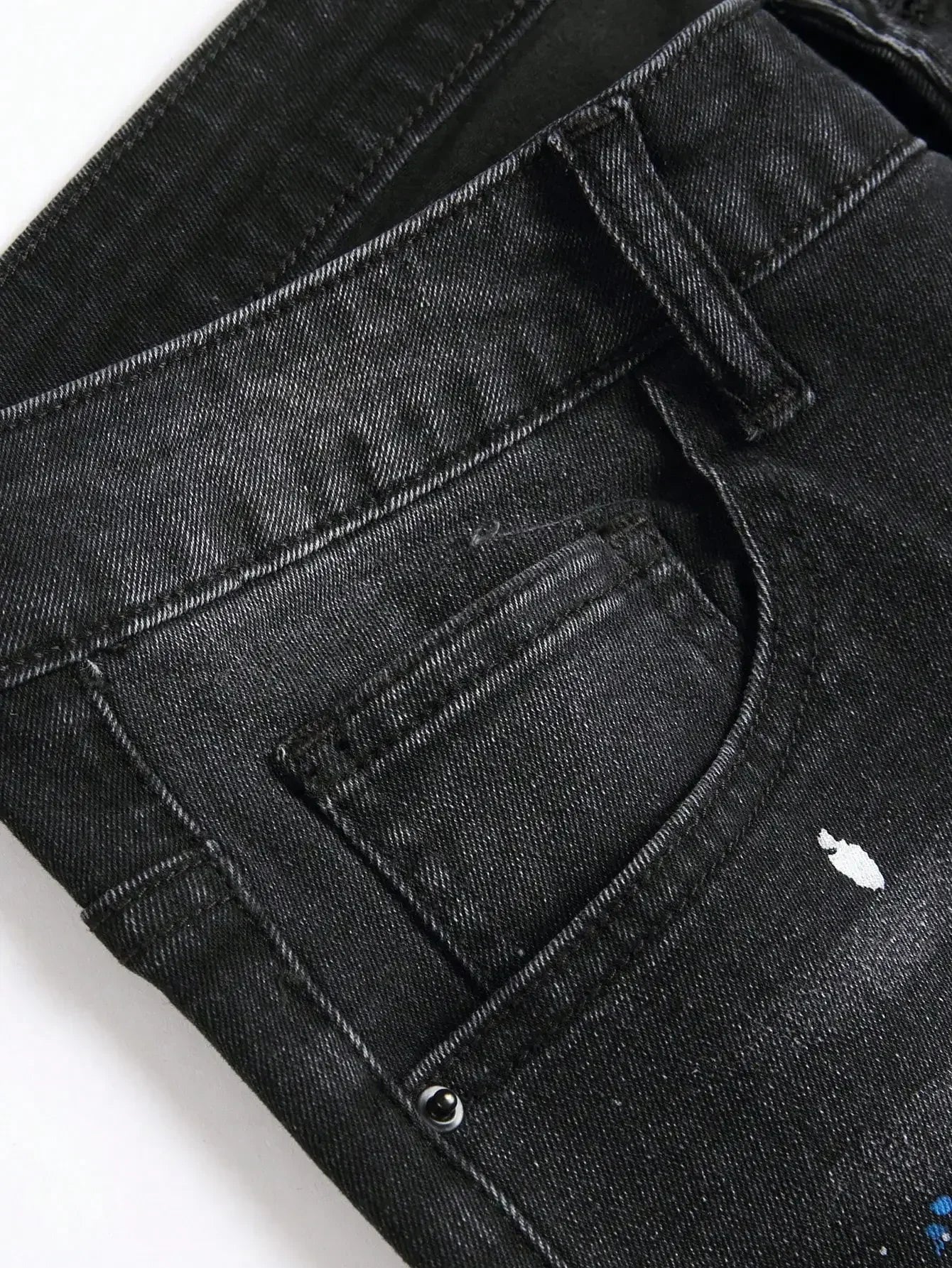 Men y2k stretchy black denim jeans with distressed faded finish and pants ripped patchwork hole slim fit design