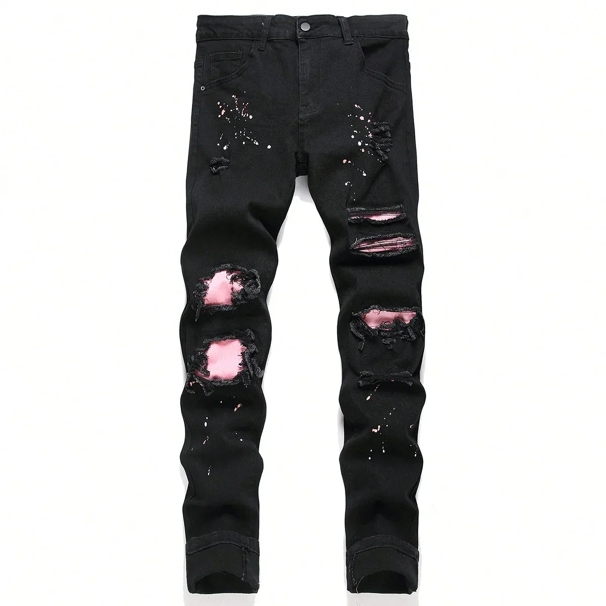 Men y2k stretchy black distressed jeans with pink inner lining and white paint splatter pants ripped patchwork slim fit
