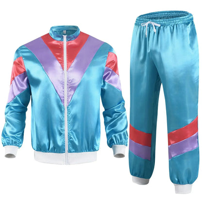 Men’s 80s tracksuit vintage with vibrant turquoise satin fabric and bold red purple panels hip hop windbreaker shell suit outfits