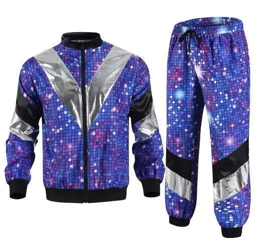 Men’s 80s tracksuit vintage purple and blue galaxy shell suit outfits with silver reflective panels on shoulders arms and legs